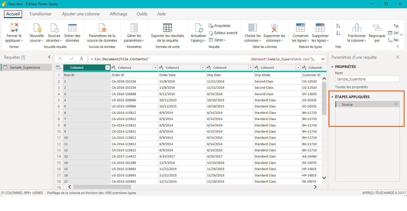 Étapes appliquées Power Query